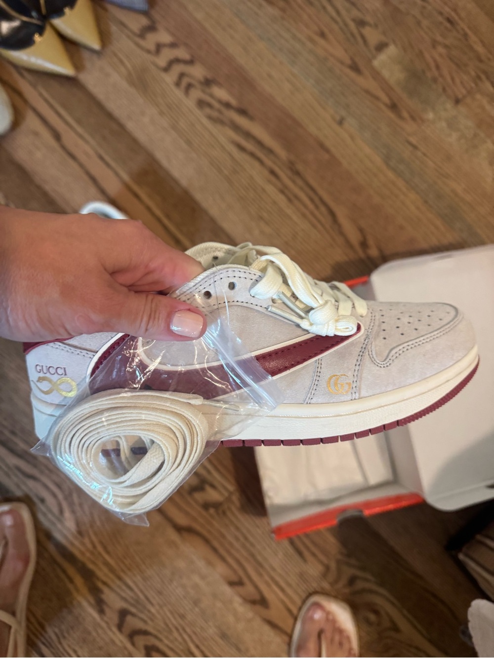 Gucci Beige Suede Sneaker with Burgundy Stripe and Gold GG